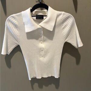 White Ribbed Knit Polo Top